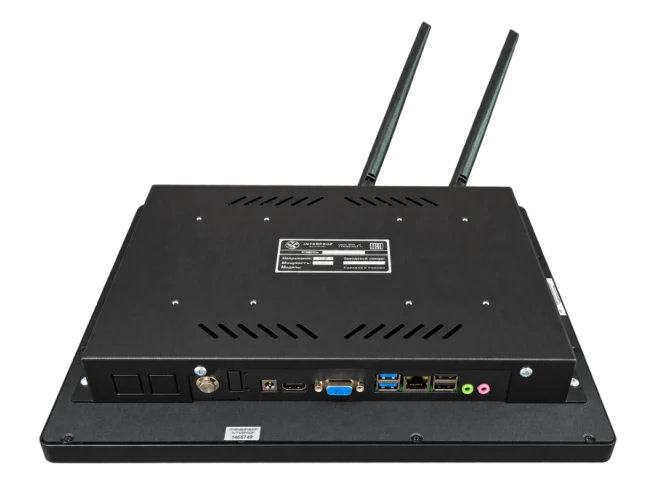Промышленный моноблок INTERPROF systems™ с задней стороны. Панель разъёмов и антенны Wi-Fi.